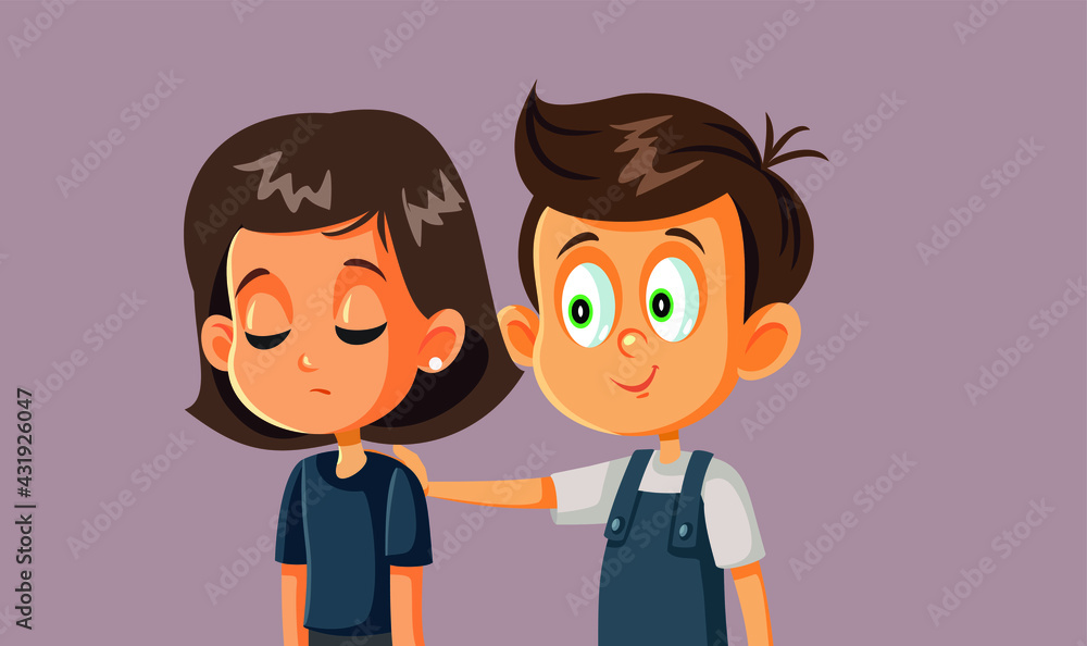 Boy Comforting Girl Vector Cartoon Illustration