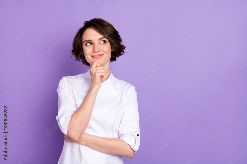 Portrait of attractive cheerful girl creating solution copy space isolated over bright violet purple color background Portrait of attractive cheerful girl creating solution copy space isolated over bright violet purple color background