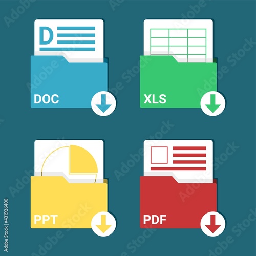 set of file format.DOC ,XLS ,PPT ,and PDF icon. spreadsheet file format. presentation extension. digital document format. download button.