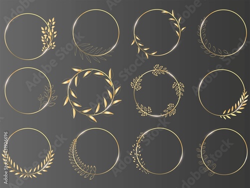 Set of round, gold laurel wreaths. Vector logo design made from leaves. Vintage Collection of vintage round badges of laurel branches, spikelets. Decorative items. Ancient Greek coat of arms.
