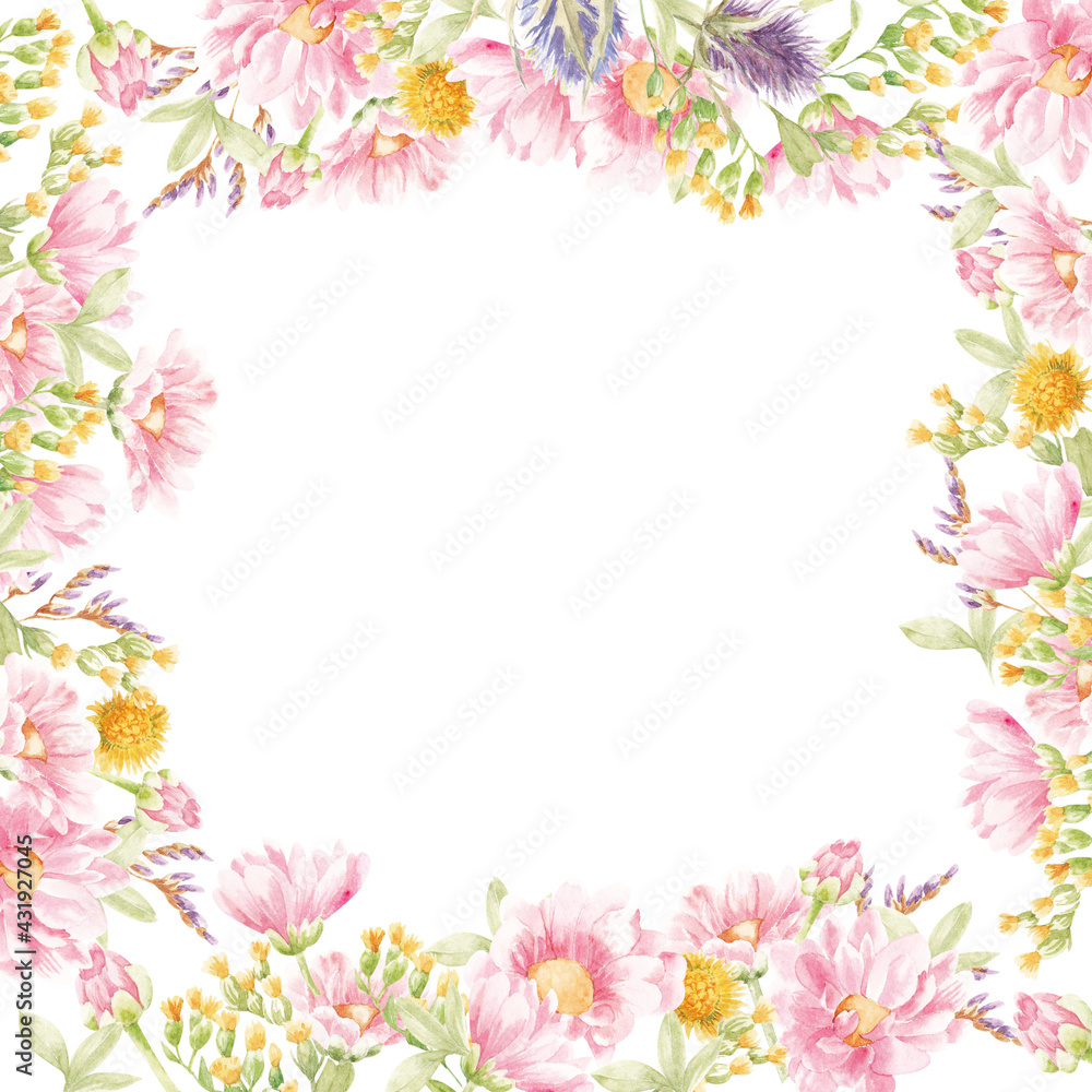 floral watercolor frames. Bouquets of pink flowers and herbs