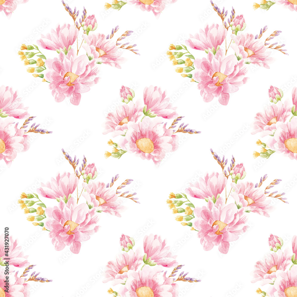 pattern from watercolor flowers. hand-drawn bouquets of pink chrysanthemums and wildflowers.