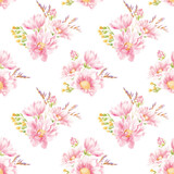 pattern from watercolor flowers. hand-drawn bouquets of pink chrysanthemums and wildflowers.