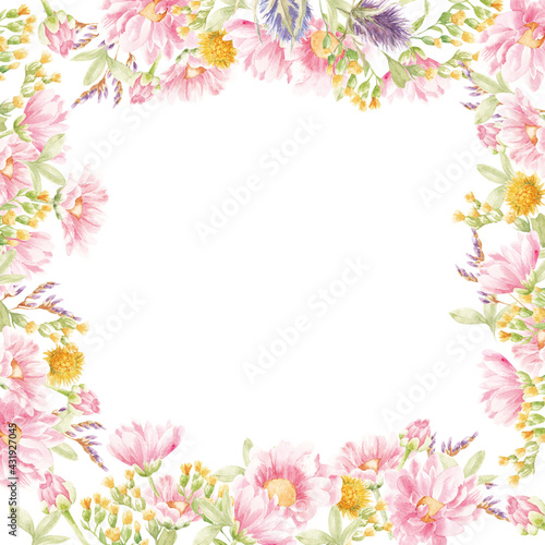floral watercolor frames. Bouquets of pink flowers and herbs © Анастасия Гусарова