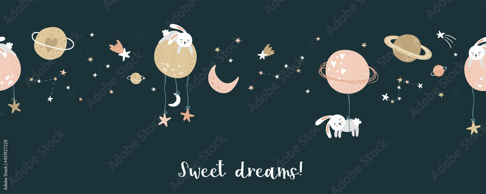 Lovely hand drawn space seamless pattern with bunnies, planets and stars, cute background, great for textiles, bed linen, wallpapers, banners, wrapping - vector design Lovely hand drawn space seamless pattern with bunnies, planets and stars, cute background, great for textiles, bed linen, wallpapers, banners, wrapping - vector design