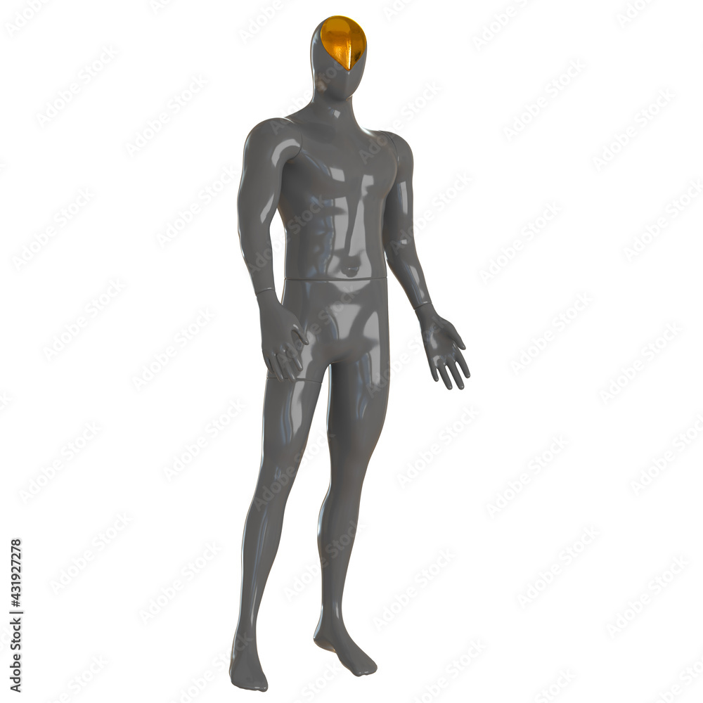 Gray male mannequin with a golden insert on the head on an isolated background. 3d rendering