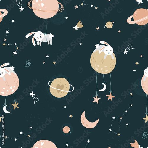 Lovely hand drawn space seamless pattern with bunnies, planets and stars, cute background, great for textiles, bed linen, wallpapers, banners, wrapping - vector design