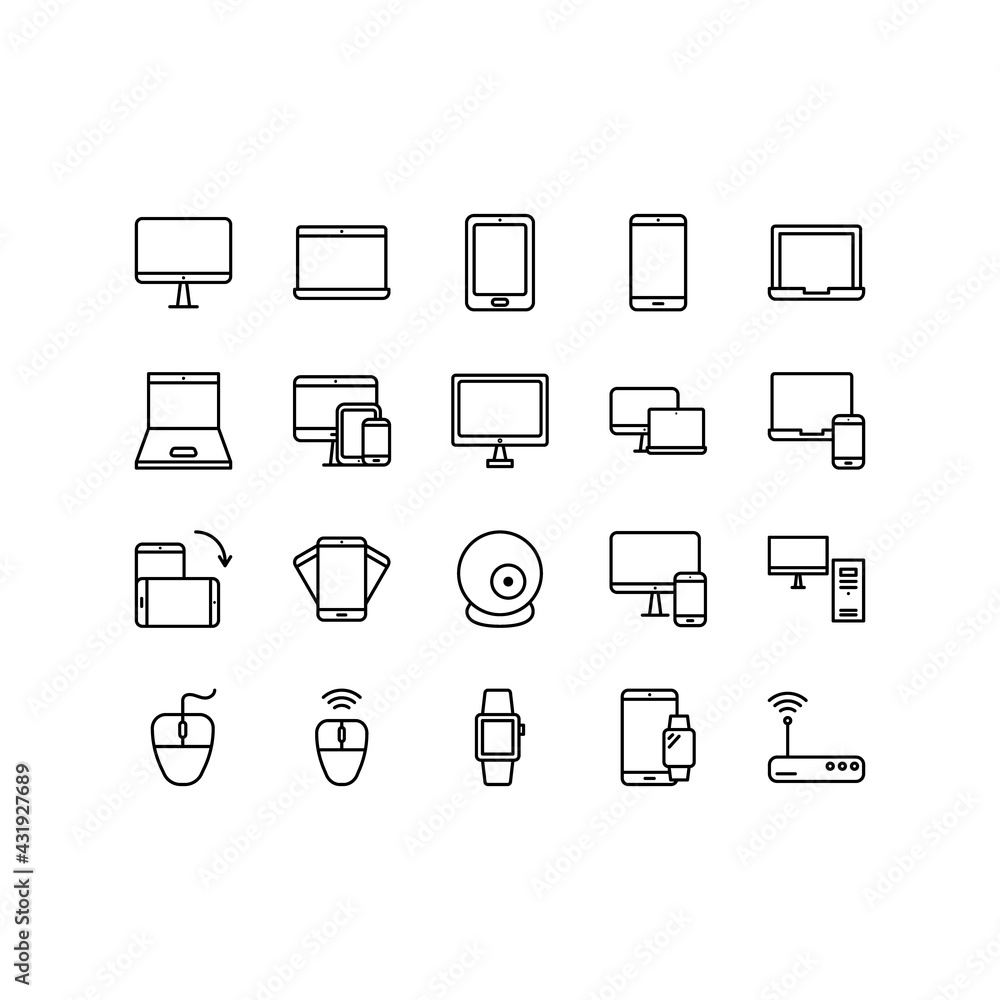 Gadgets and electronic devices flat line icons set. Computer, Tablet, Phone, Monitor, Laptop. Simple flat vector illustration for store, web site or mobile app. Editable stroke Gadgets and electronic devices flat line icons set. Computer, Tablet, Phone, Monitor, Laptop. Simple flat vector illustration for store, web site or mobile app. Editable stroke