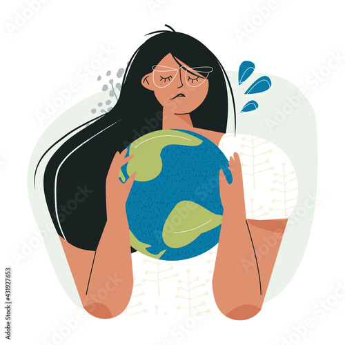 Sad woman hugging earth planet globe Ecology eco problem concept. Earth Environment Day, mother nature. Environmental problems and protection. Metaphor social poster or card of saving the planet