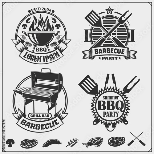 BBQ and grill emblems set. Barbecue labels, badges and design elements. 