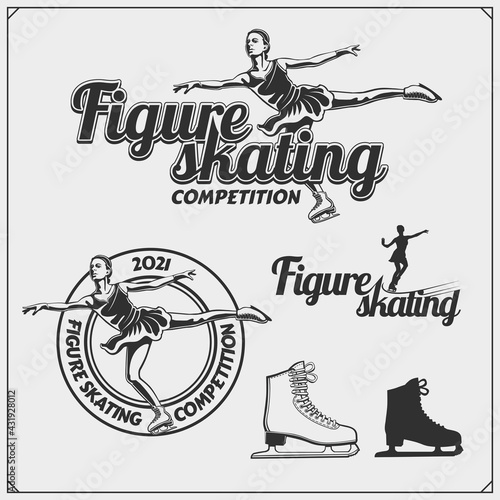 Figure ice skating set emblems. Beautiful women, silhouettes of figure skaters. 
