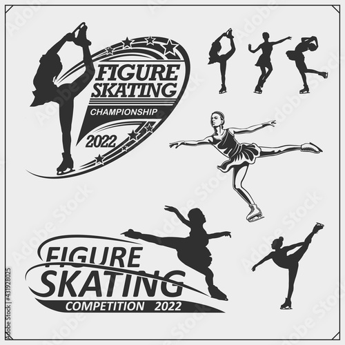 Figure ice skating set emblems. Beautiful women, silhouettes of figure skaters. 