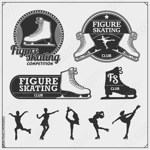 Figure ice skating set emblems. Beautiful women, silhouettes of figure skaters. 