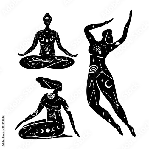 faceless woman black silhouettes with celestial elements.