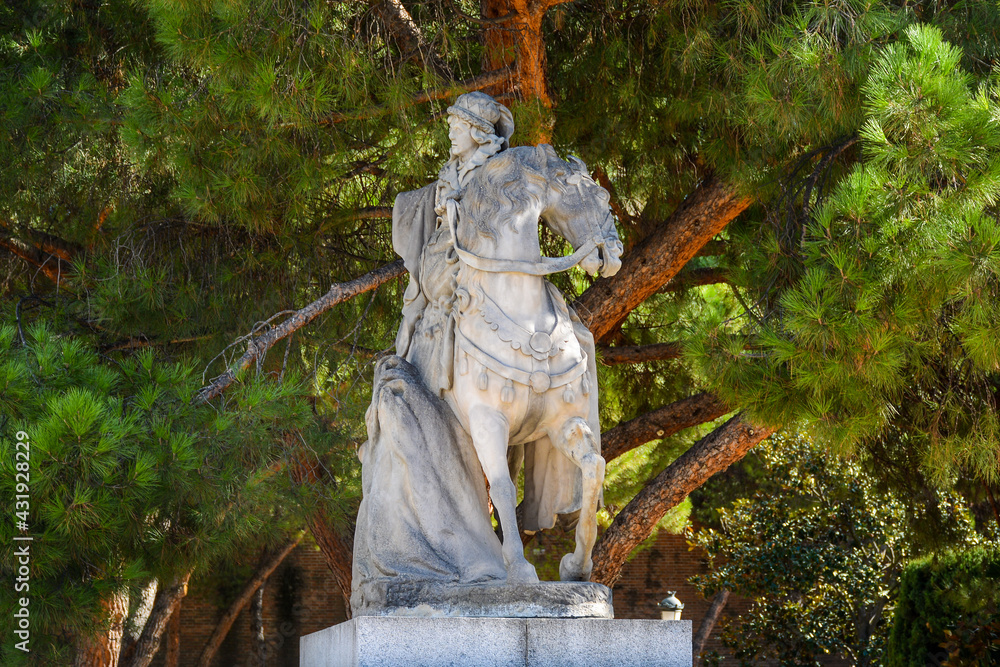 SAINT PETERSBURG, RUSSIA - November 8, 2020: Statue in Gardens Jardines de Sabatini near Royal Palace of Madrid