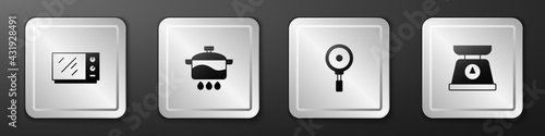 Set Microwave oven, Cooking pot, Frying pan and Scales icon. Silver square button. Vector
