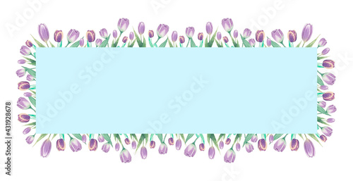 Aquarelle floral copy space frame with flowers around the circle. Watercolor hand painted square greeting card for wedding, easter, birthday, holidays. Frame with purple tulips.