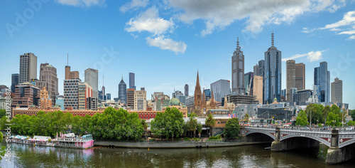 Melbourne  Victoria  Australia- May 5th  2021 - A view of the Yarra River and skyline of Melbourne  Victoria  Australia. 
