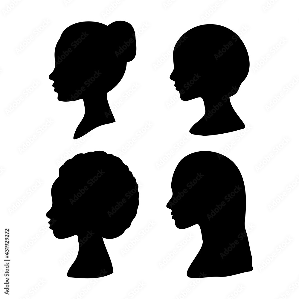 Female face profile silhouette set with different hairstyles.