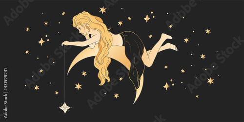 Celestial woman sacred astrology feminine boho esoteric golden and black black card art. Girl on the moon and star magic vector poster.