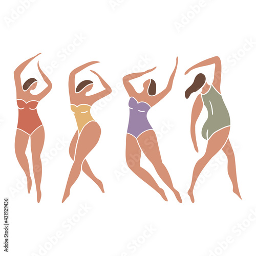 Set of colorful female figures in swimsuits. Minimal trendy vector illustration with silhouette of faceless woman.