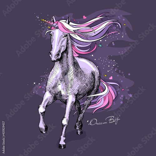 Magical violet unicorn with a bright pink starry mane  tail and a colored horn on a night background. Dream big - lettering quote. Poster  t-shirt composition  handmade print. Vector illustration.