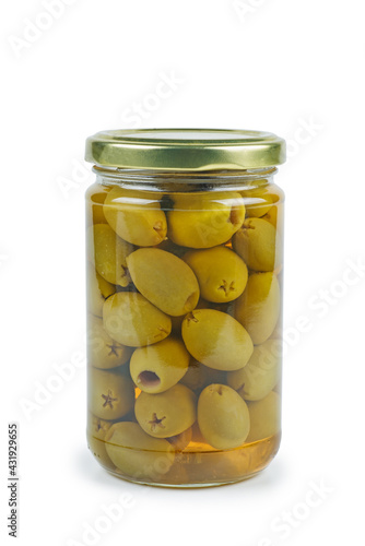 Glass jar with pickled olives isolated on white background