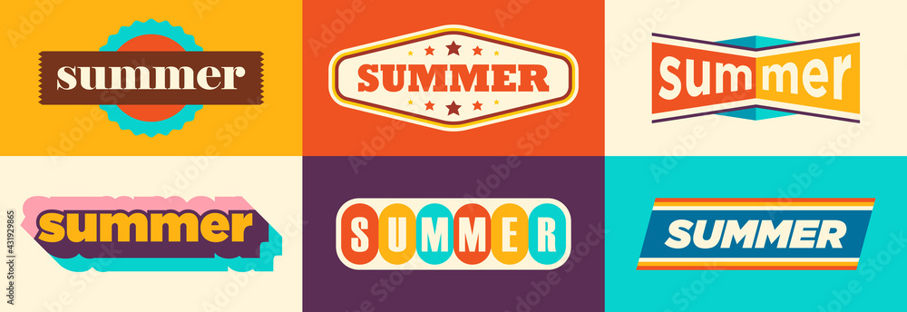 Set of colorful retro style summer stickers. Vector illustration.