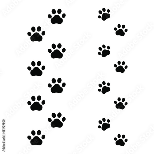 Vector seamless paw trails, black animal footprints isolated on white background, mark lines.
