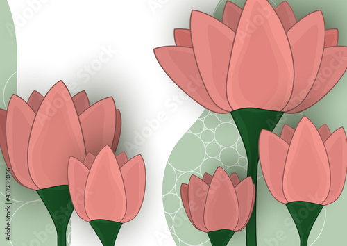 Illustration with stylized lily flowers. Floral pattern on a wave background. Sample of textiles in trendy colors.