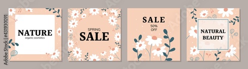 Square art templates with daisy flowers and abstract floral elements. Ideal for social media posts, banner, internet ads design. Organic nature cosmetics vector backgrounds.