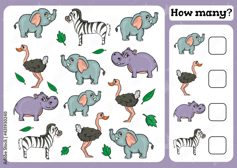 Counting Game for Preschool Children. Count how many Educational a mathematical game. Vector illustration Counting Game for Preschool Children. Count how many Educational a mathematical game. Vector illustration