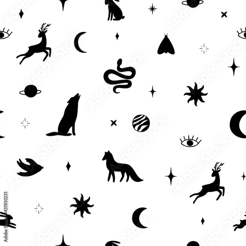 Seamless pattern with black silhouettes of moon, sun, planets, stars, wolf, fox, deer, hare, moth, bird, snake, eyes.