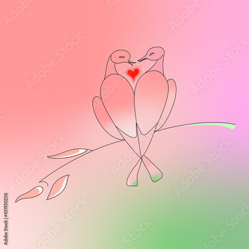 Pigeons marriage pair vector. Two birds in love merge into one heart. Doves on a branch a symbol of wedding, happy family and love