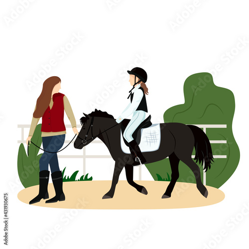 Vector illustration of equestrian sport in flat style. The girl is riding a pony. Woman leads the horse under the knots. Realistic image. Horseback riding. Horse riding lessons