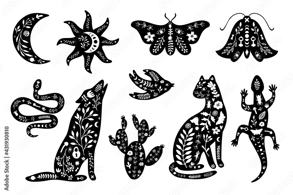Set of black silhouettes with white floral elements. Moon, sun, animals, wolf, cat, lizard, cactus, moth, bird, snake. - obrazy, fototapety, plakaty 