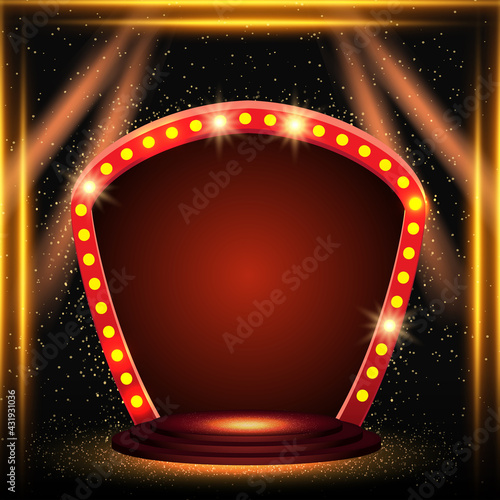 Shining abstract background with golden glow spotlights, podium and arch banner