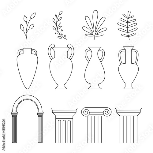 Vases, amphora, antique columns, tropical leaves   silhouettes collection.