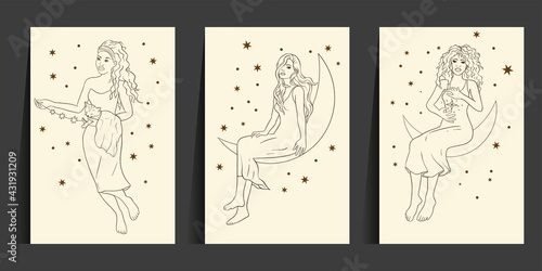 Celestial African American woman and cat sacred astrology boho line esoteric art. Moon and star magic girl card set.