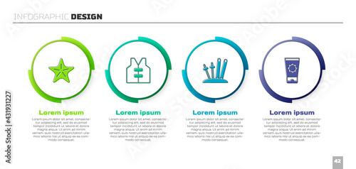 Set Starfish, Life jacket, Ski and sticks and Sunscreen cream in tube. Business infographic template. Vector
