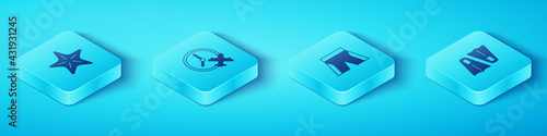 Set Isometric Starfish, Clock with airplane, Rubber flippers for swimming and Short pants icon. Vector