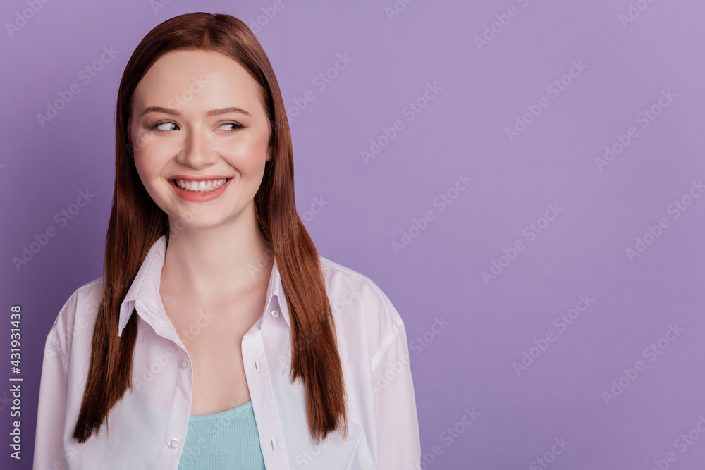 Beautiful woman look facial expression empty space isolated over purple background Beautiful woman look facial expression empty space isolated over purple background