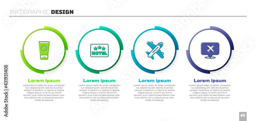 Set Sunscreen cream in tube, Signboard with text Hotel, Plane and Speech bubble airplane. Business infographic template. Vector