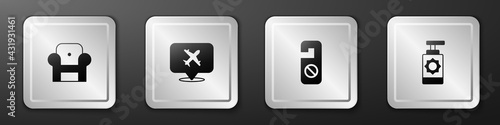 Set Armchair, Speech bubble with airplane, Please do not disturb and Sunscreen spray bottle icon. Silver square button. Vector