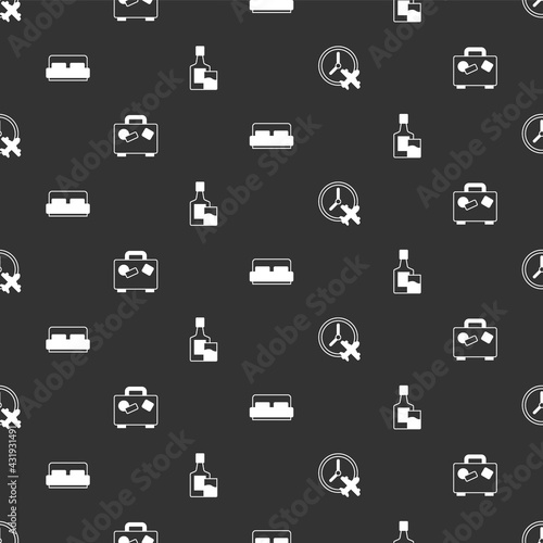 Set Clock with airplane, Suitcase, Hotel room bed and Whiskey bottle and glass on seamless pattern. Vector