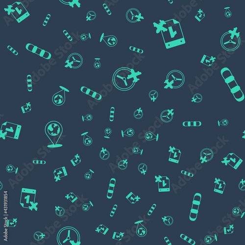 Set Clock with airplane, Calendar and, Location on the globe and Snowboard on seamless pattern. Vector