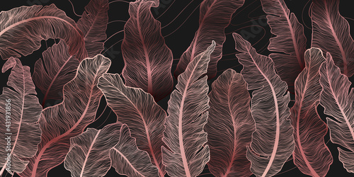 Horizontal background with exotics pink golden banana leaves. Hand drawn luxury golden tropical leaf on dark background. Vector linear illustration of banana leaves.