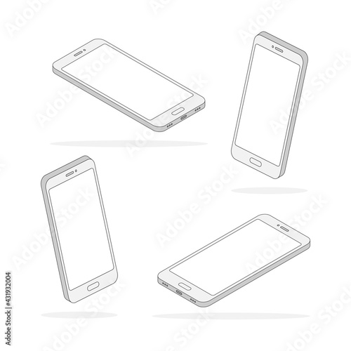 Isometric line smartphone set. 3d mobile phone with empty screen collection. Digital technology outline concept. Vector isolated on white