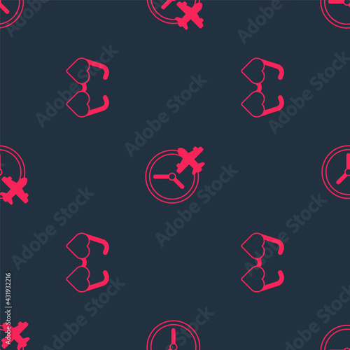 Set Heart shaped love glasses and Clock with airplane on seamless pattern. Vector