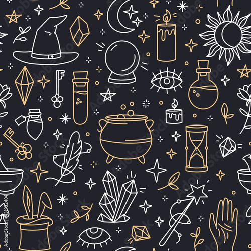 A magical seamless pattern with doodle style icons